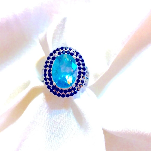 Ring 925 Blue Topaz Black Spinel 6.5 NWOT gorgeous stones heavy sterling setting - Picture 4 of 9